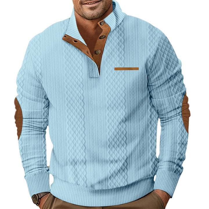 Herren nan strukturierter Strickpullover mit Stehkragen, Knopfleiste und Ellenbogenpatches Drune
