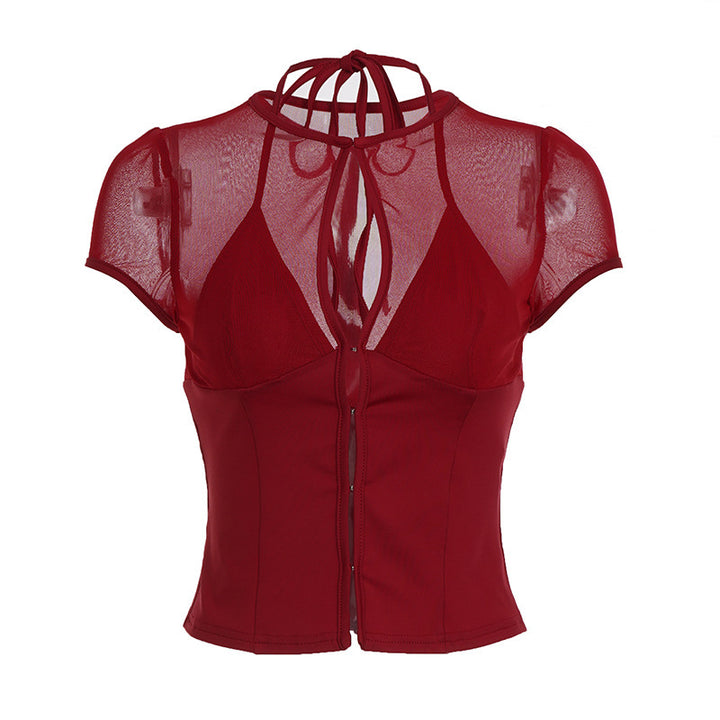 Damen Mesh-Oberteil mit dekorativem Bindeband Drune
