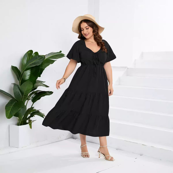 Damen Sommerliches Midikleid mit schmeichelndem Taillenzug und luftigen Ärmeln Drune