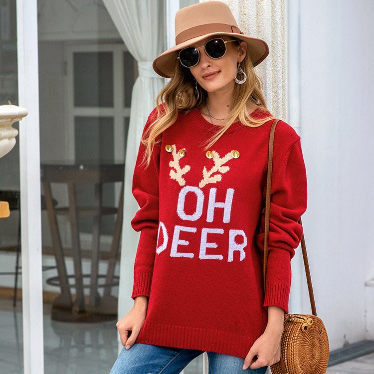 Damen Weihnachtspullover mit festlichem Rentier-Design und Knopfdetails Drune