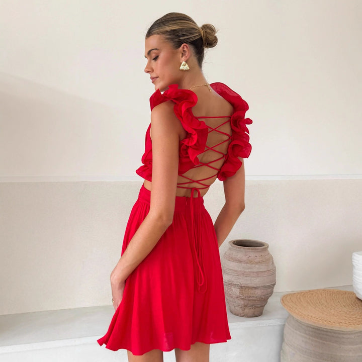 Damen Freizeitsommerkleid mit voluminösen Rüschenträgern und V-Ausschnitt Drune