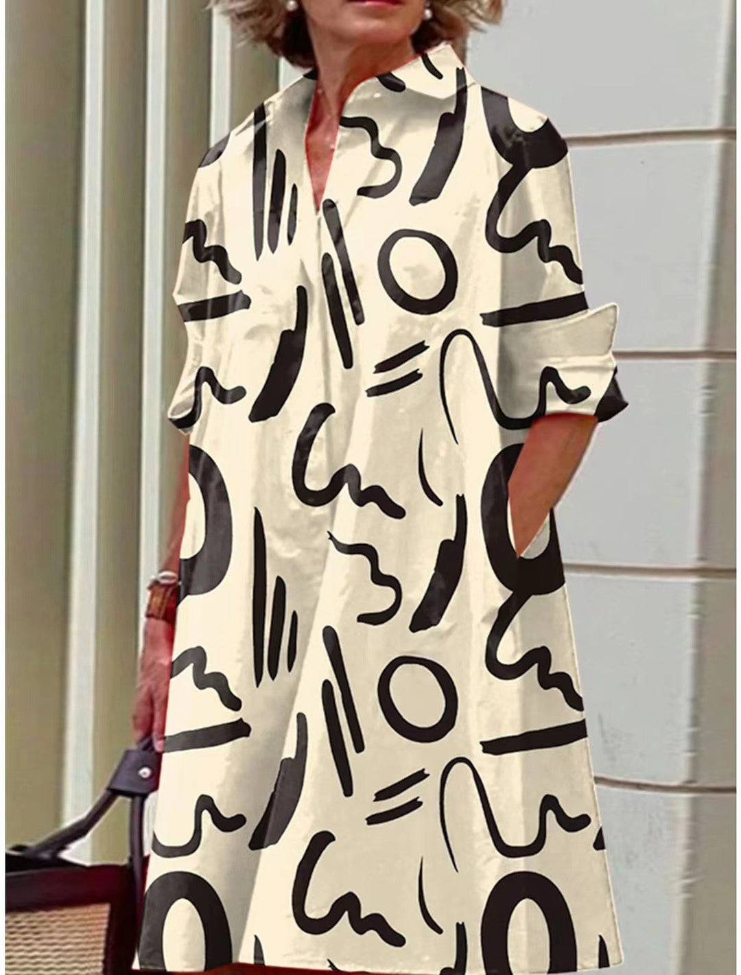 Damen nan A-Linien Hemdblusenkleid mit aufgekrempelten 3/4-Ärmeln und seitlichen Eingrifftaschen Drune