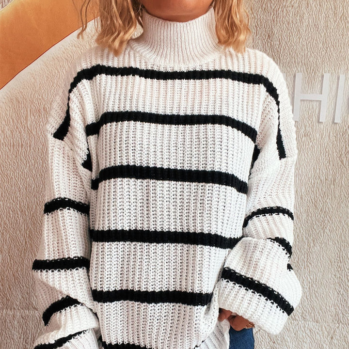 Damen Strickpullover mit hohem Kragen und modischem Streifenmuster Drune