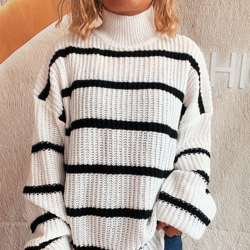 Damen Strickpullover mit hohem Kragen und modischem Streifenmuster Drune