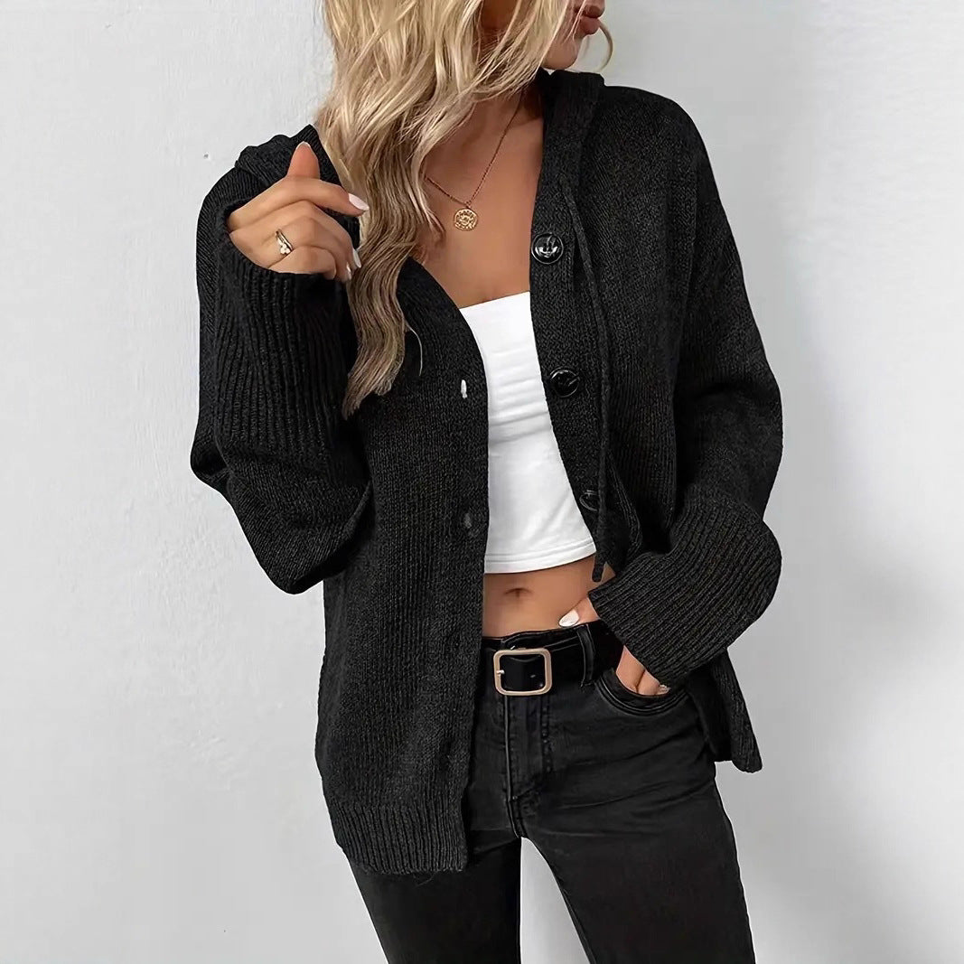Damen gemütliche Strickjacke mit Kapuze und großen Knöpfen Drune