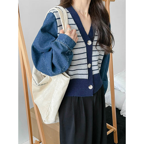 Damen modische Strickjacke mit modernen Streifen-Design und Raglanärmeln Drune
