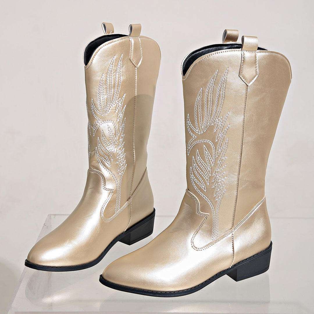 Damen Cowgirl-Kniehoher Stiefel mit dekorativer Stickerei, Pull‑Tabs und komfortablem Blockabsatz Drune