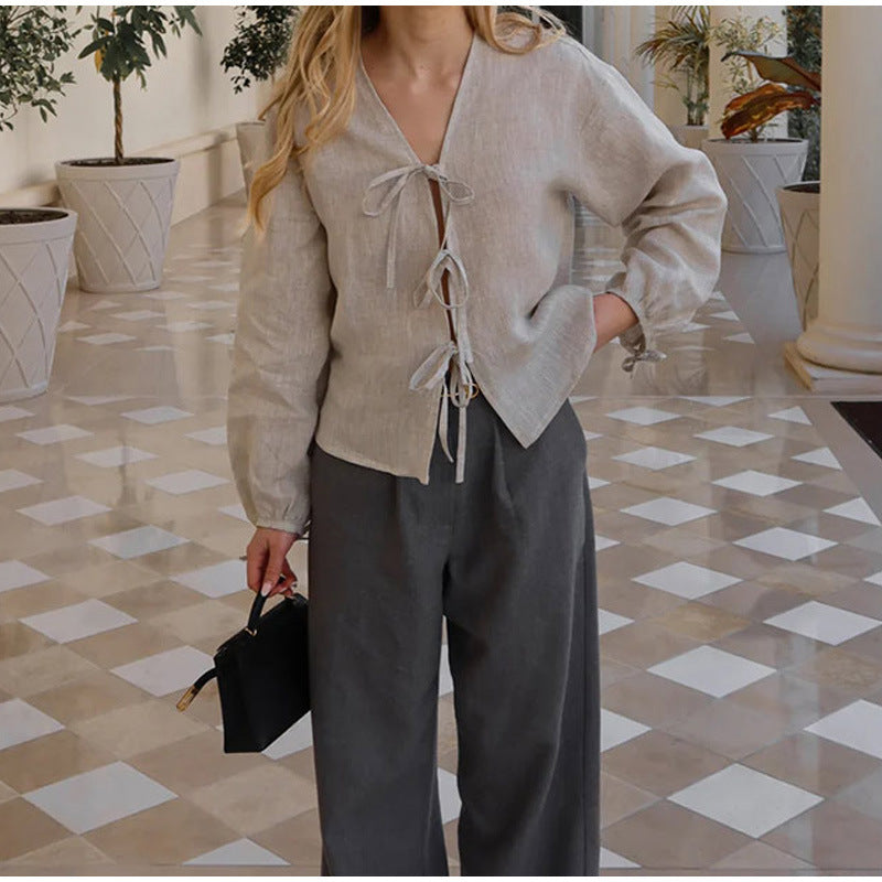Damen Leinenbluse mit eleganten Schleifen Drune