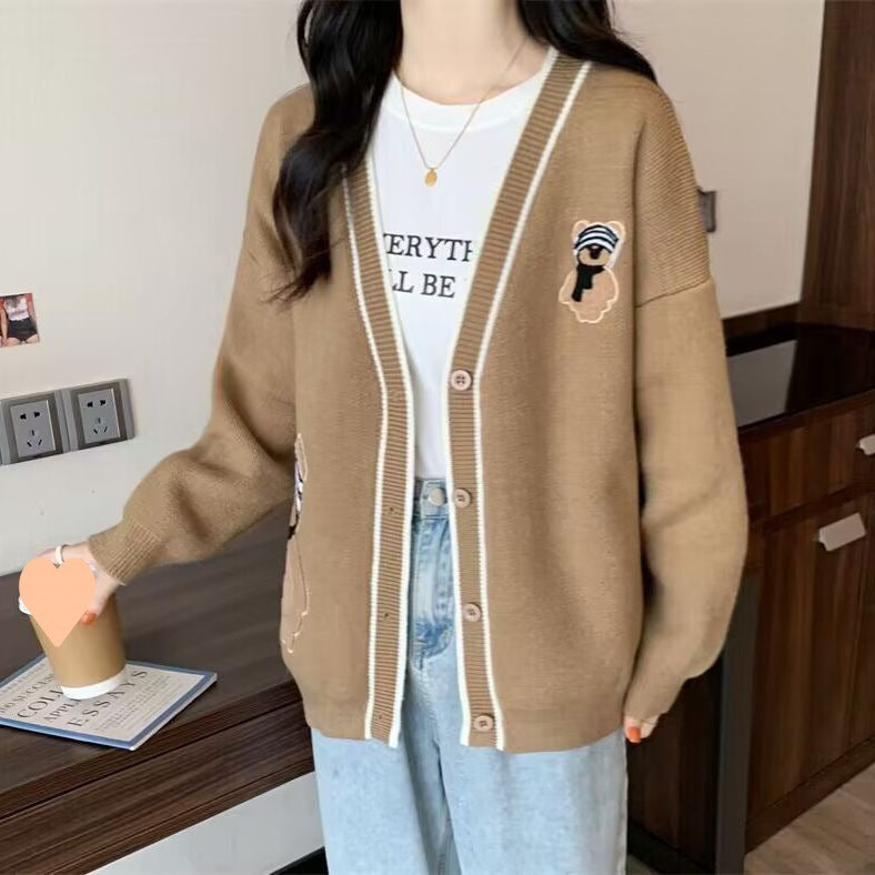 Damen Strickjacke mit Bärenapplikationen und Kontrastdetails Drune