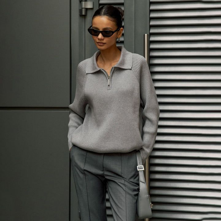 Damen moderner Langarm-Pullover mit Stehkragen und Zipper Drune