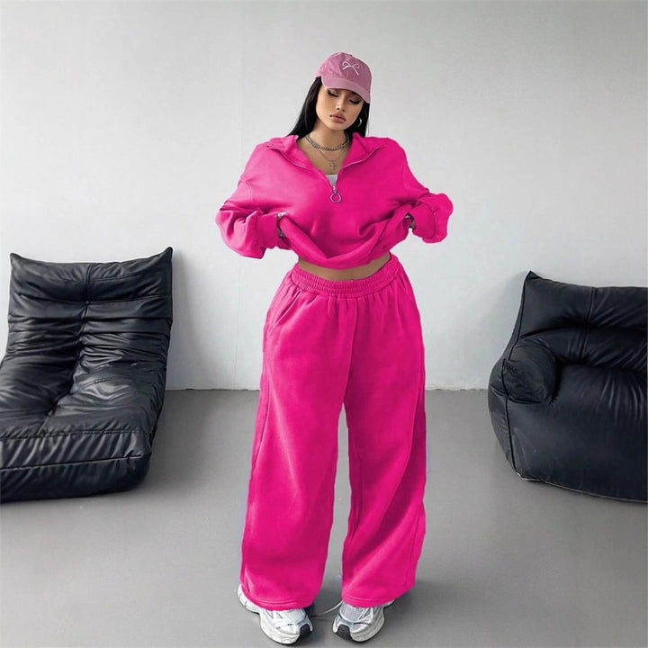 Damen Sportliches und lässiges Fleece-Set mit halbem Reißverschluss Drune