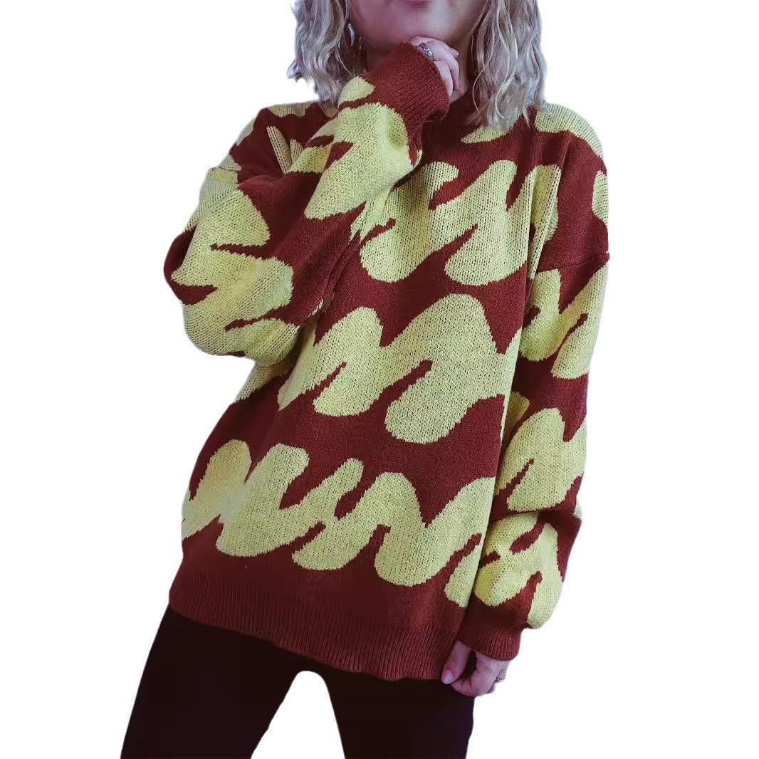 Damen lässiger Pullover mit modernem Farbblockdesign und voluminösen Ärmeln Drune