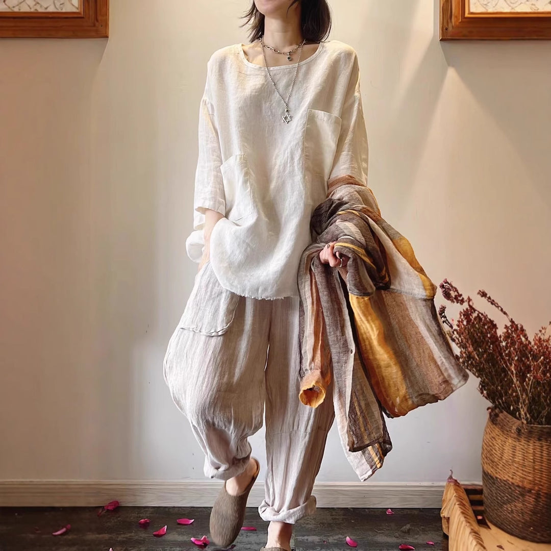 Damen Relaxed Fit Leinen Tunika mit aufgesetzten Taschen Drune