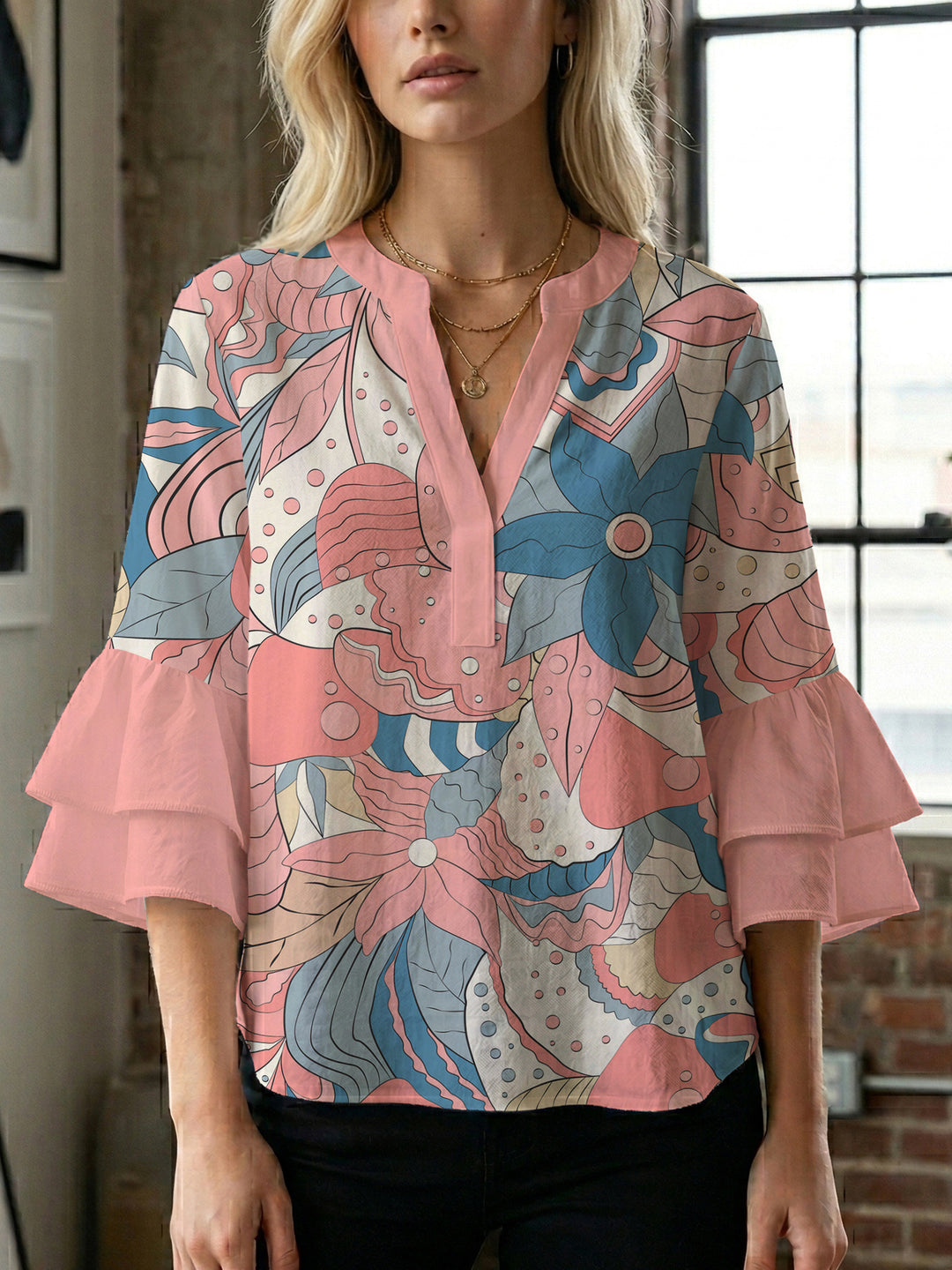 Damen elegantes Oberteil mit voluminösen Rüschensäumen und floralem Design Drune