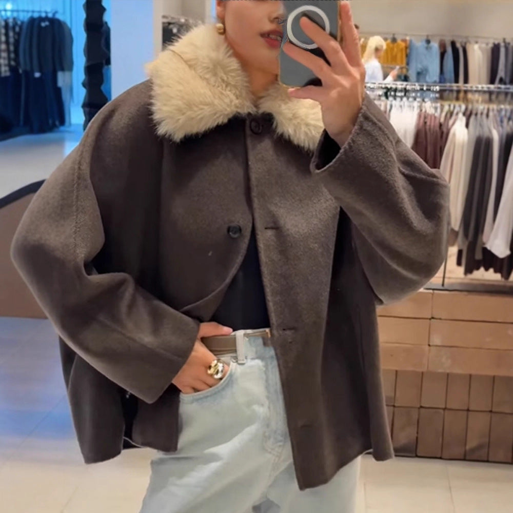 Damen elegante Oversized-Jacke mit Sherpa-Kragen Drune