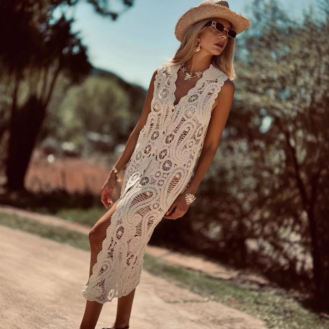 Damen Häkel-Überwurfkleid mit seitlichem Schlitz Drune