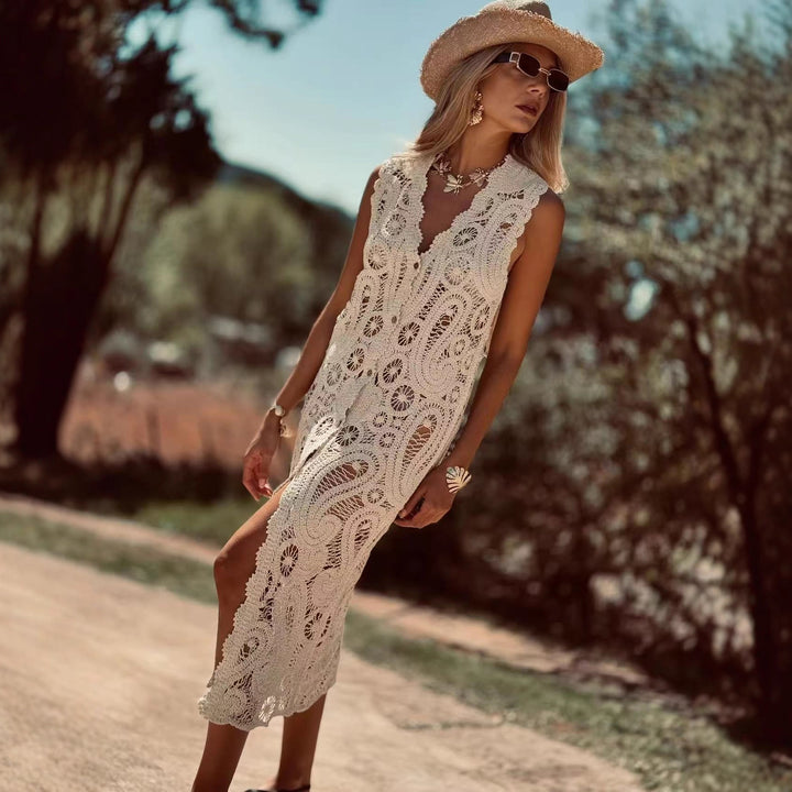 Damen Häkel-Überwurfkleid mit seitlichem Schlitz Drune