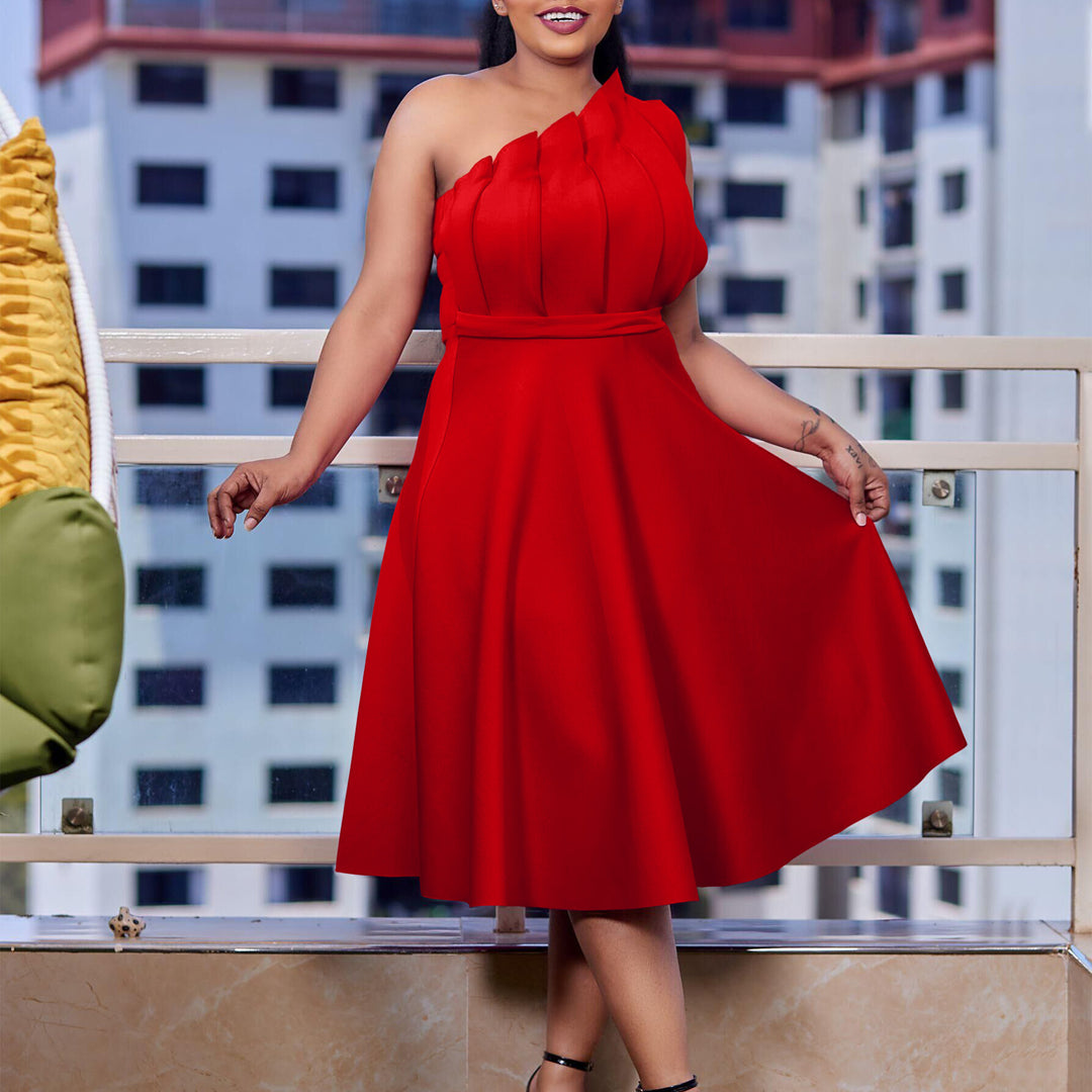 Damen A-linien Kleid mit voluminösen Rüschen und elegantem Taillengürtel Drune