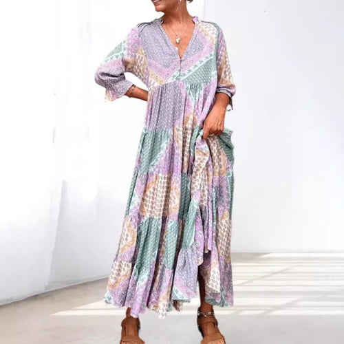 Damen nan luftiges Maxikleid im Patchwork-Boho-Stil mit V-Ausschnitt, gerafftem Oberteil und ausgestelltem Stufensaum Drune