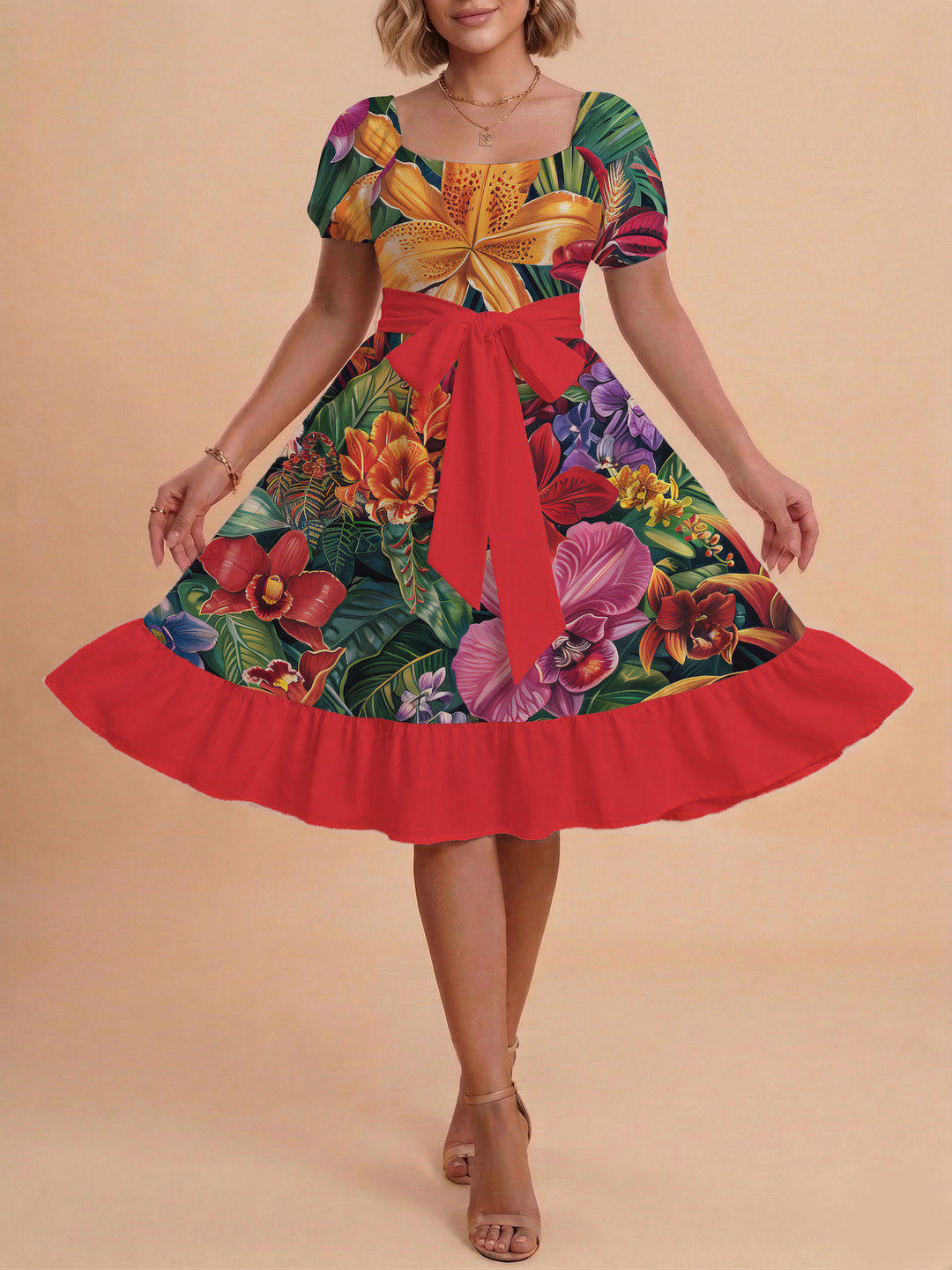 Damen Sommerkleid mit floralem Puffärmel und taillierbarem Gürtel Drune