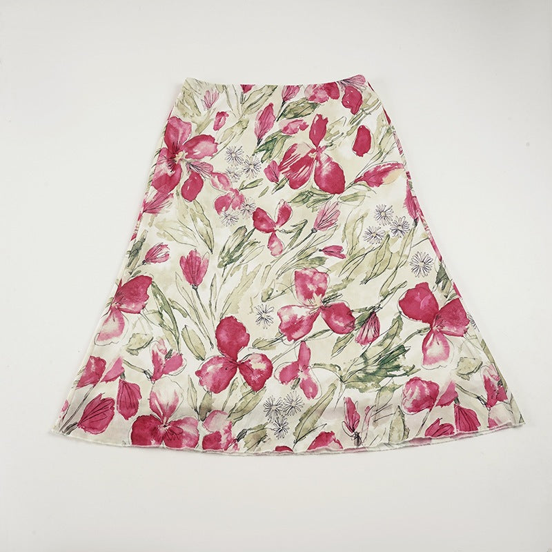 Damen eleganter Midirock mit floralen Motiven und schwingendem Schnitt Drune
