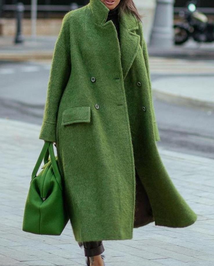 Damen nan Cape-ähnlicher doppelreihiger Wollmantel mit weitem Fall, hohem Stehkragen und Pattentaschen Drune
