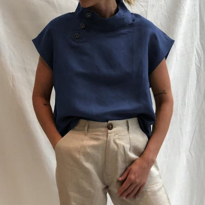 Damen moderne Bluse mit Stehkragen und eleganten Knopfdetails Drune