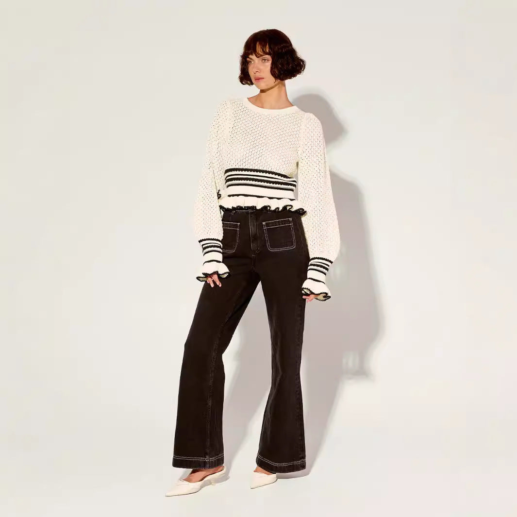 Damen lässiger Strickpullover mit Rüschendetails Drune