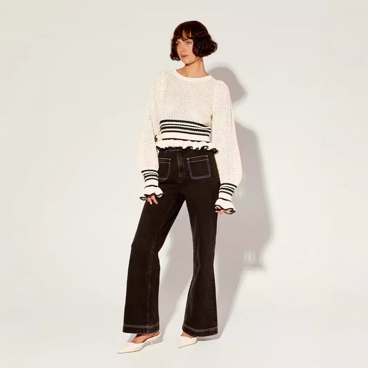 Damen lässiger Strickpullover mit Rüschendetails Drune
