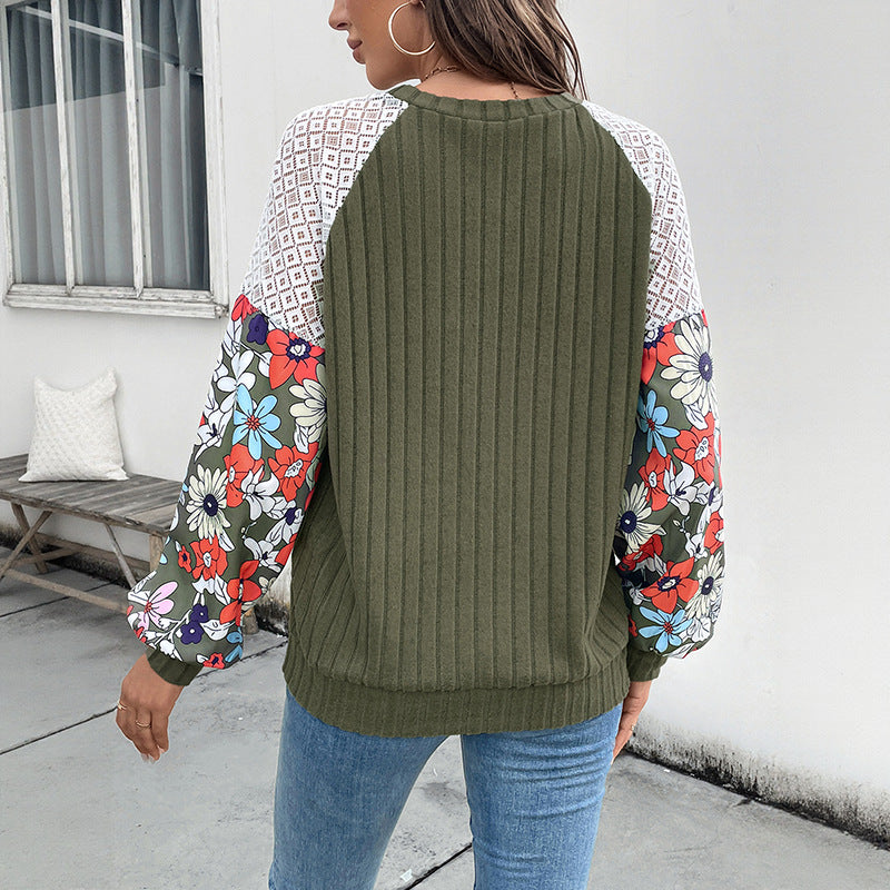 Damen Strickpullover mit bunten Blumenärmeln und Rippenstruktur Drune