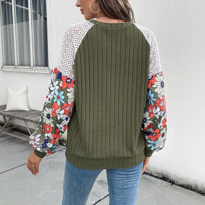 Damen Strickpullover mit bunten Blumenärmeln und Rippenstruktur Drune