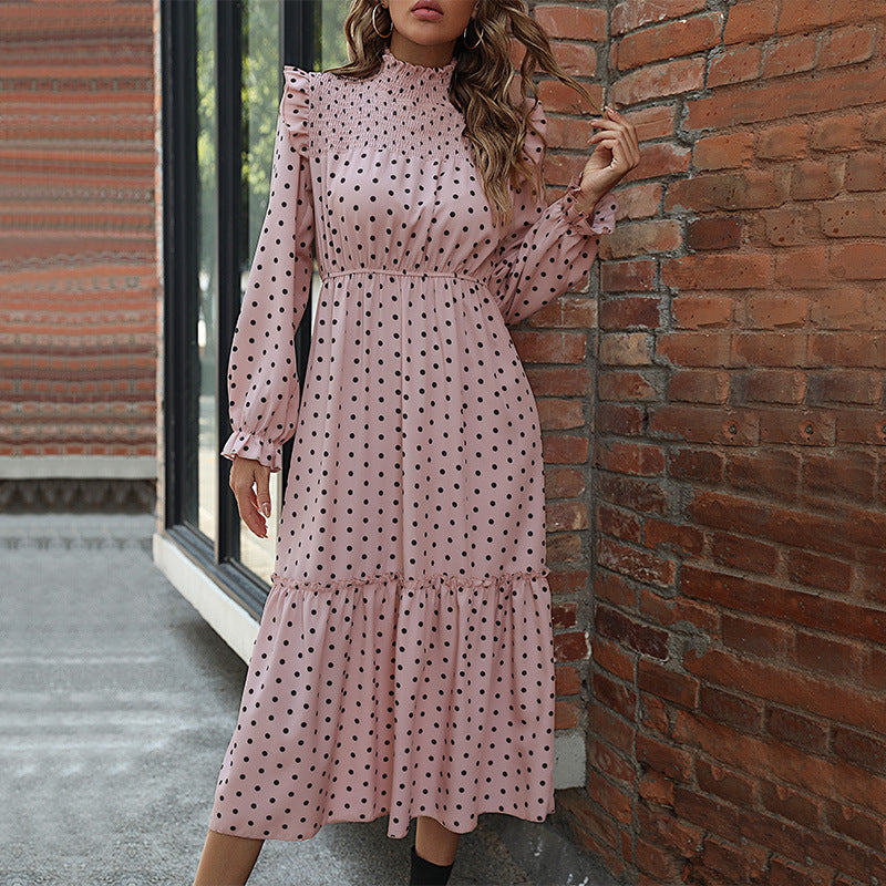 Damen elegantes Punktmuster Maxikleid mit Rüschen Drune