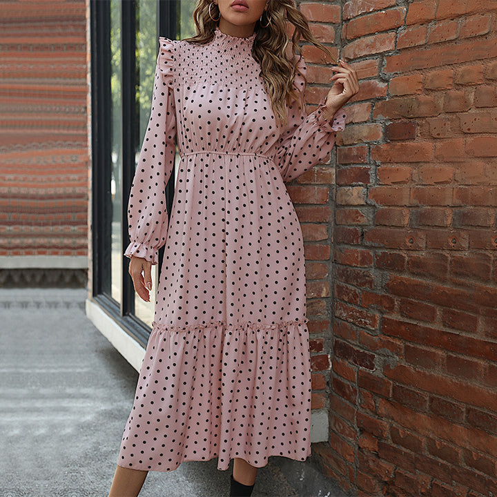 Damen elegantes Punktmuster Maxikleid mit Rüschen Drune