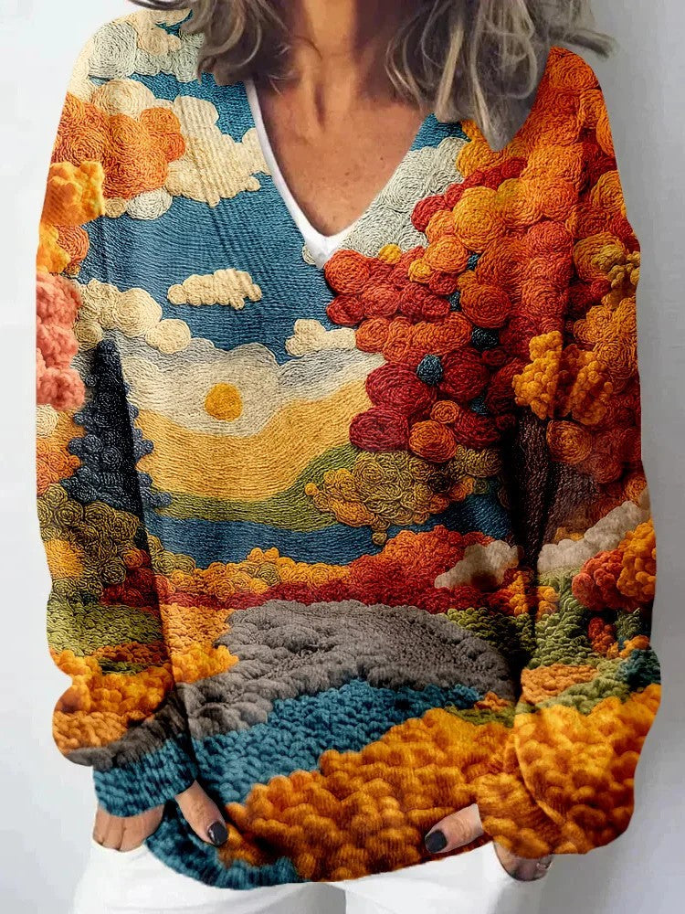 Damen Strickpullover mit kunstvollem Landschaftsmuster Drune