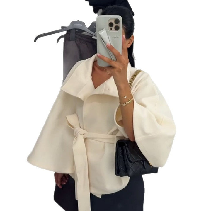 Damen elegante Cape-Jacke mit Knoten-Detail und voluminösen Ärmeln Drune