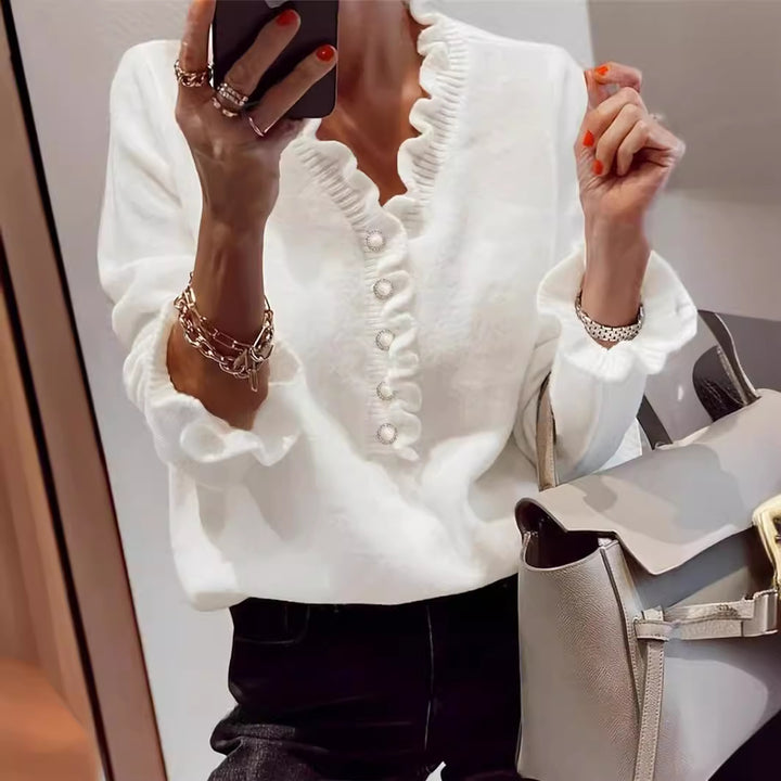 Damen Bluse mit Rüschensaum und dekorativen Knöpfen Drune