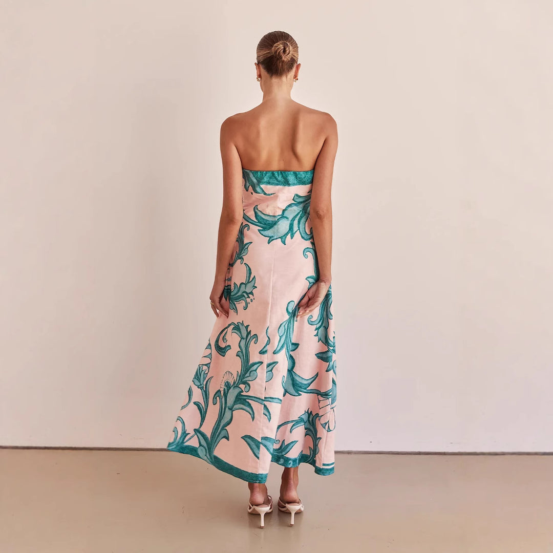 Damen Strapless Maxikleid mit floralem Design und elegantem A-Linien Schnitt Drune