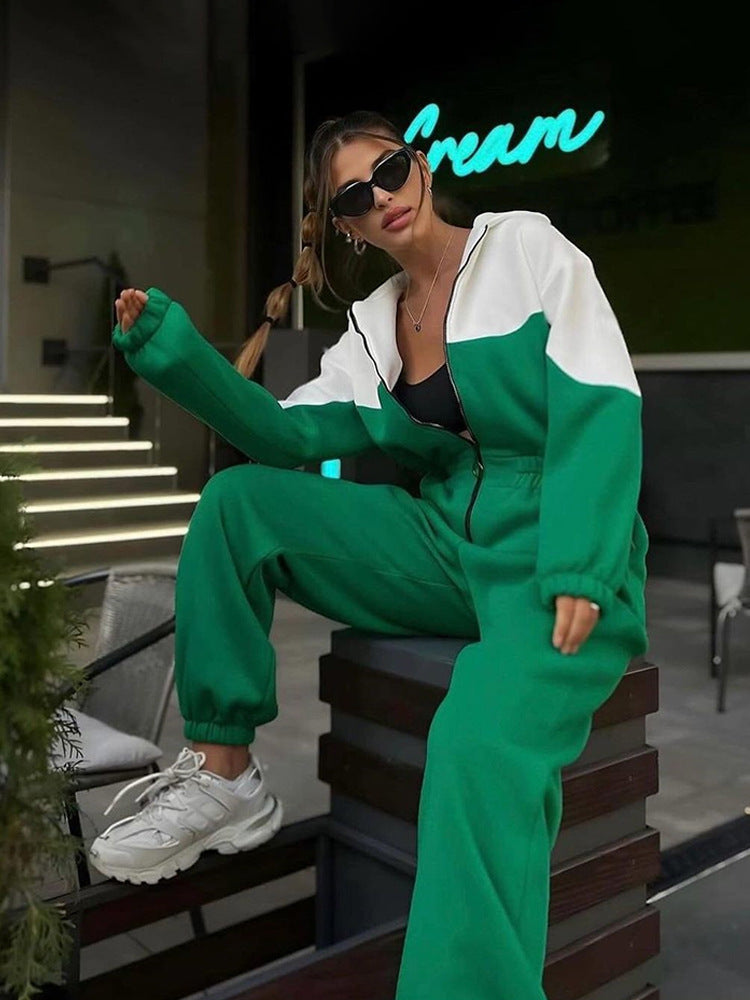 Damen nan zweiteiliges Crop-Zip-Hoodie und Highwaist Relaxhose mit weitem Bein Drune