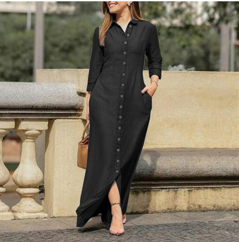 Damen Langarm-Maxikleid mit Knopfleiste und seitlichen Taschen Drune