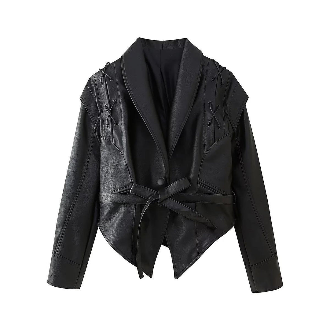 Damen modische Bikerjacke mit dekorativen Schnürdetails und eleganter Taillierung Drune