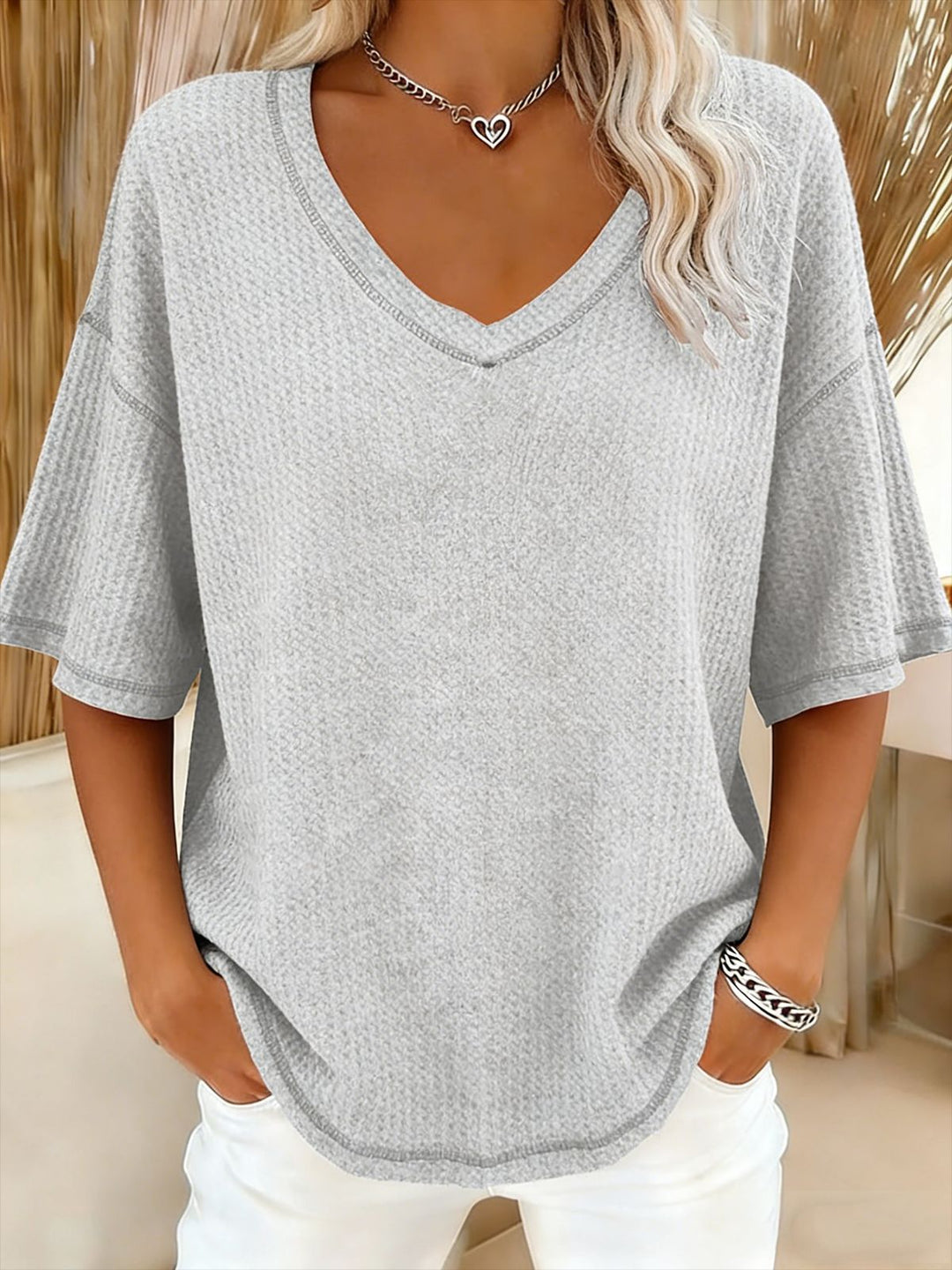 Damen lässiges Oversize-Shirt mit V-Ausschnitt und strukturiertem Muster Drune