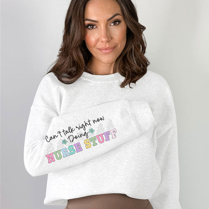 Damen Sweatshirt mit buntem Grafikdesign und originellem Pflege-Motiv Drune