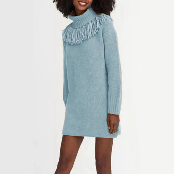 Damen Strickkleid mit Fransenkragen und gerippten Ärmeln Drune
