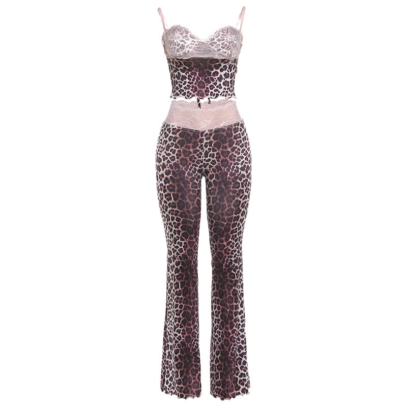 Damen Erotik Jumpsuit mit Leopardenmuster und spitzen Trägern Drune