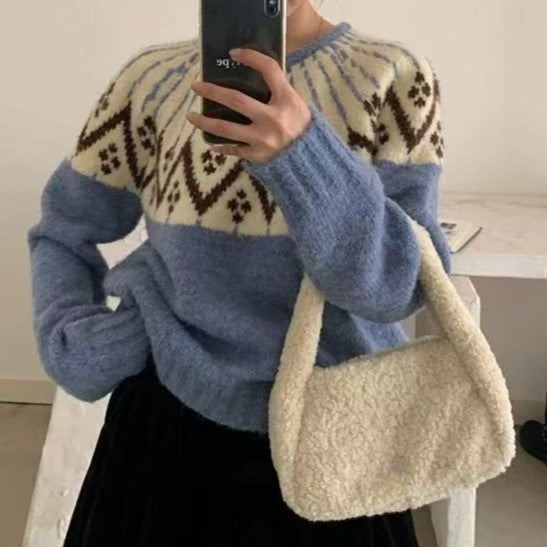 Damen Gemütlicher Strickpullover mit geometrischem Print und Rundhalsausschnitt Drune