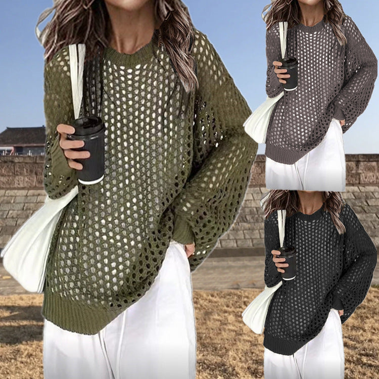 Damen luftiger Strickpullover mit Lochmuster und weitem Schnitt Drune