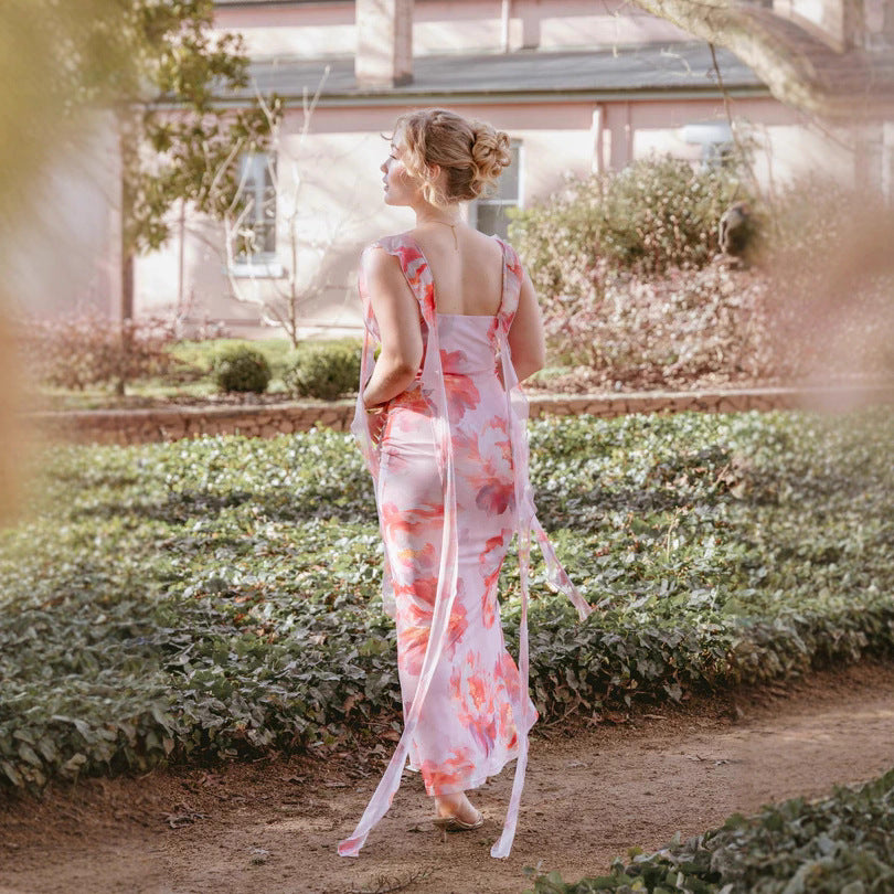 Damen Etuikleid mit romantischem floralem Design und Rüschenärmeln Drune