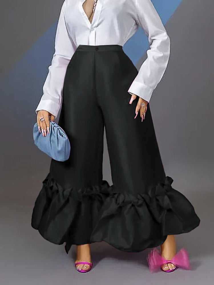 Damen elegante weite Hose mit voluminösem Rüschenabschluss Drune