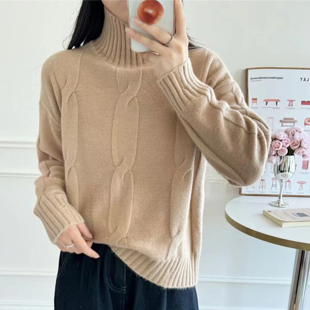 Damen Strickpullover mit hohem Kragen und Zopfmuster Drune