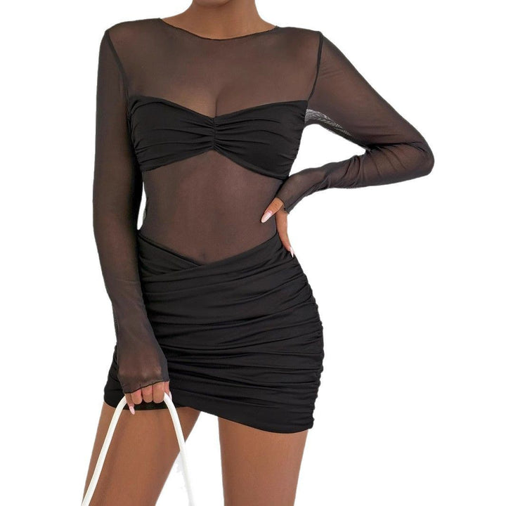 Damen Raffiniertes Minikleid mit transparenten Ärmeln und Rüschendetails Drune